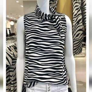 Ann Taylor Black & White Zebra-Stripe Tie-Neck Sleeveless Top